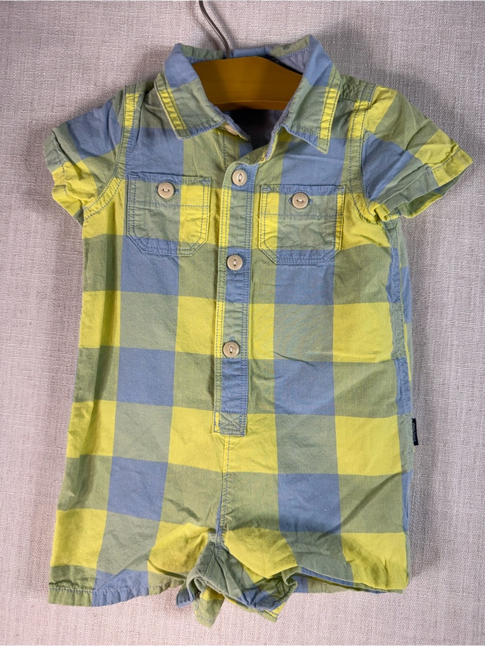 GAP Baby Plaid Short Sleeve Romper in Yellow & Light Blue